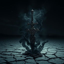 A shadowy demonic fantasy sword with intricate designs and a menacing aura, surrounded by swirling black smoke