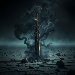 A shadowy demonic fantasy sword with intricate, sinister designs and a glowing dark aura, enveloped in swirling black smoke