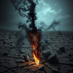 A shadowy demonic fantasy sword with intricate, sinister designs and a glowing dark aura, enveloped in swirling black smoke