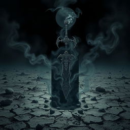 A shadowy demonic fantasy sword with intricate, sinister designs and a glowing dark aura, enveloped in swirling black smoke