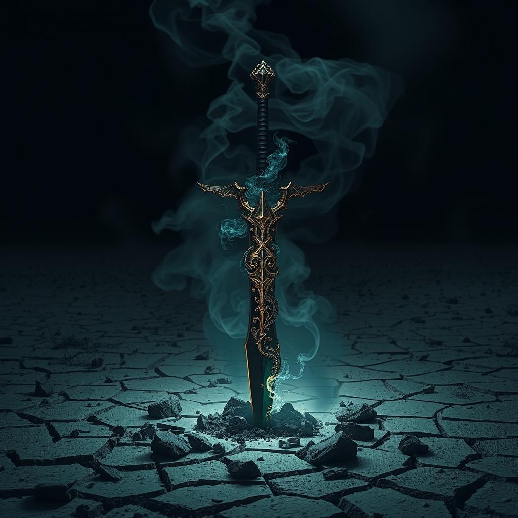 A shadowy demonic fantasy sword with intricate, sinister designs and a glowing dark aura, enveloped in swirling black smoke
