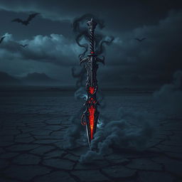 A chilling shadow demonic fantasy sword with ornate and twisted designs, emanating a dark and sinister glow