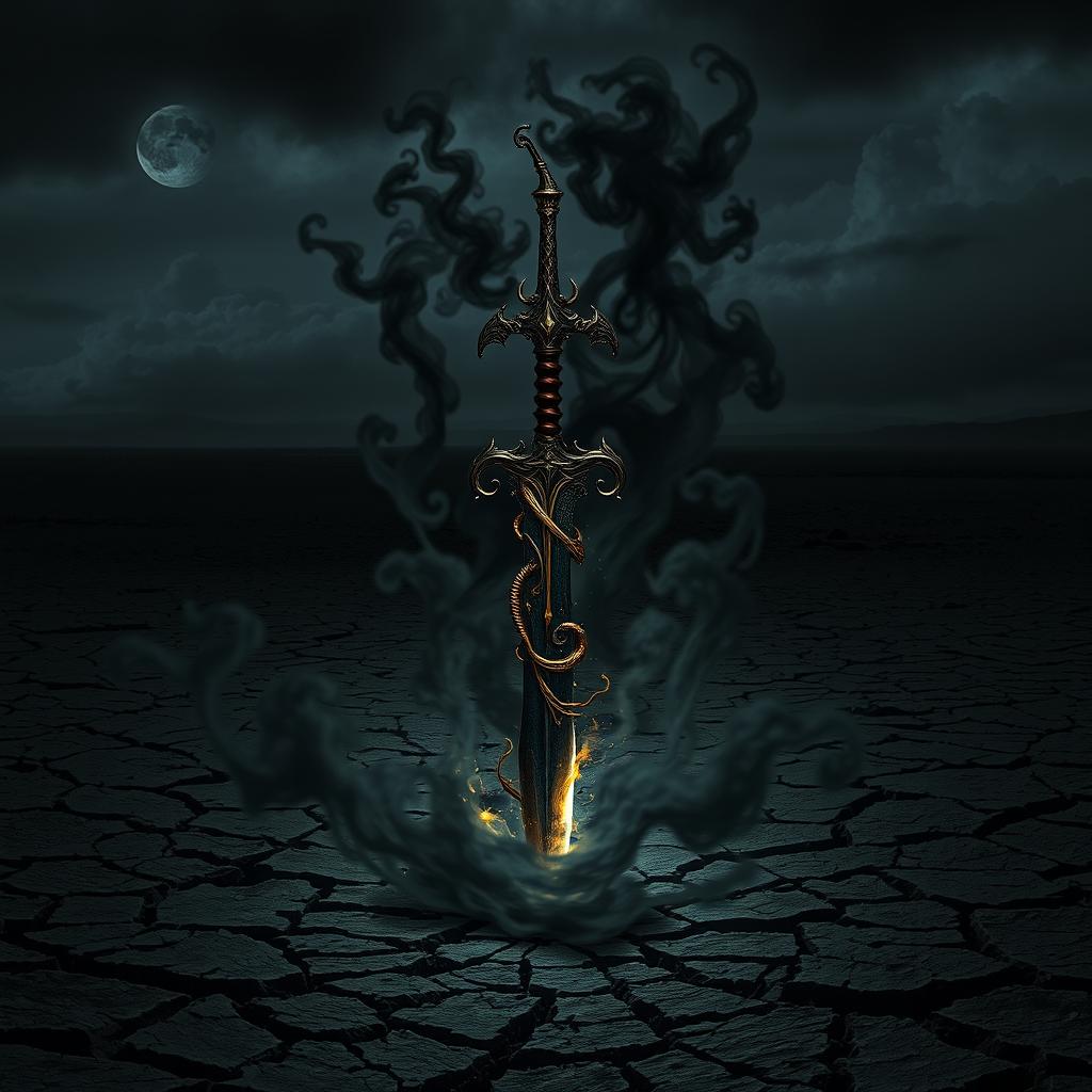 A chilling shadow demonic fantasy sword with ornate and twisted designs, emanating a dark and sinister glow