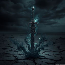 A chilling shadow demonic fantasy sword with ornate and twisted designs, emanating a dark and sinister glow