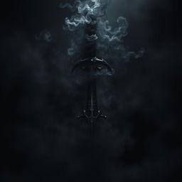 A shadowy demonic fantasy sword with intricate, dark designs, engulfed in swirling black smoke that appears to rise and dance around it