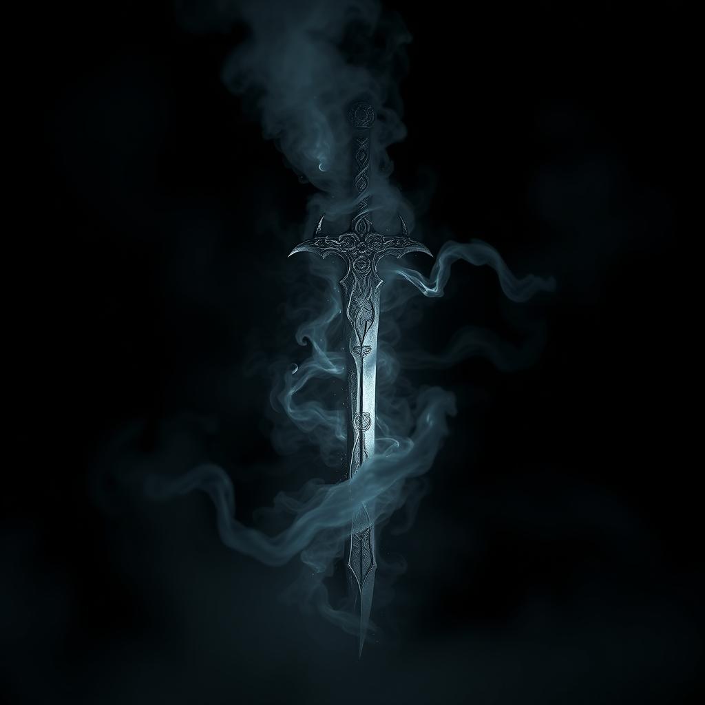 A shadowy demonic fantasy sword with intricate, dark designs, engulfed in swirling black smoke that appears to rise and dance around it