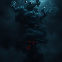 A shadowy demonic fantasy sword with intricate, dark designs, engulfed in swirling black smoke that appears to rise and dance around it