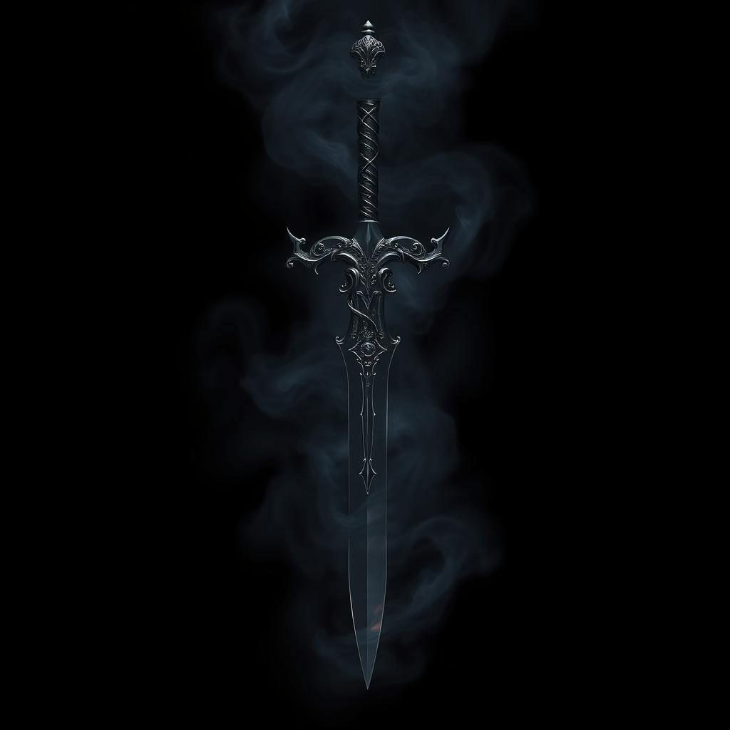 A shadowy demonic fantasy sword with intricate, twisted designs and a dark, ethereal glow, shrouded in swirling black smoke