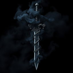 A shadowy demonic fantasy sword with intricate, twisted designs and a dark, ethereal glow, shrouded in swirling black smoke