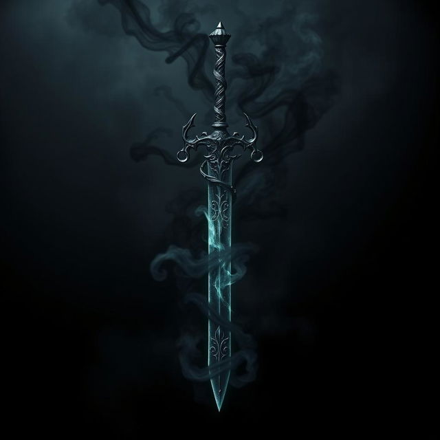 A shadowy demonic fantasy sword with intricate, twisted designs and a dark, ethereal glow, shrouded in swirling black smoke
