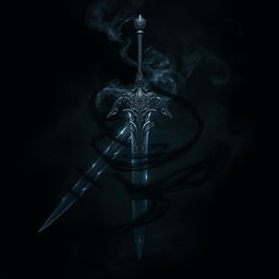 A shadowy demonic fantasy sword with intricate, twisted designs and a dark, ethereal glow, shrouded in swirling black smoke