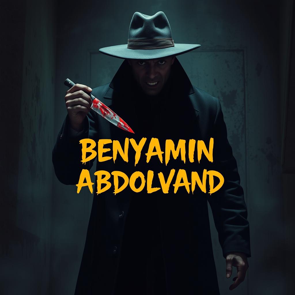 A terrifying scene depicting a dark-skinned man wearing a long black coat and a hat, with a shadowed face that evokes fear and suspense