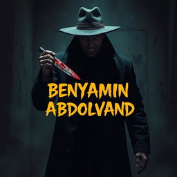 A terrifying scene depicting a dark-skinned man wearing a long black coat and a hat, with a shadowed face that evokes fear and suspense