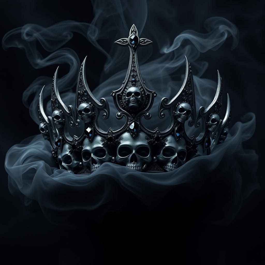A shadow demonic fantasy crown intricately designed with ominous skulls and sparkling black gemstones embedded throughout