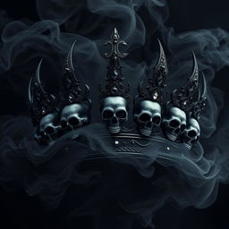 A shadow demonic fantasy crown intricately designed with ominous skulls and sparkling black gemstones embedded throughout