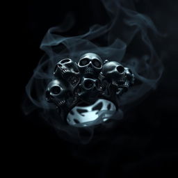 A shadow demonic fantasy ring intricately crafted with ominous skulls etched into the band and adorned with sparkling black gemstones that catch the faintest light