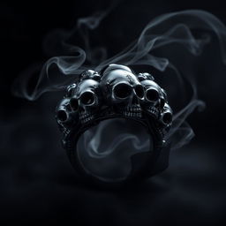 A shadow demonic fantasy ring intricately crafted with ominous skulls etched into the band and adorned with sparkling black gemstones that catch the faintest light