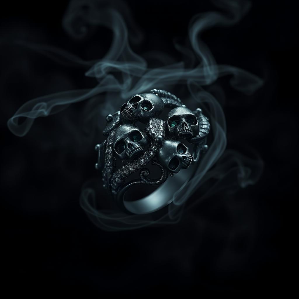 A shadow demonic fantasy ring intricately crafted with ominous skulls etched into the band and adorned with sparkling black gemstones that catch the faintest light