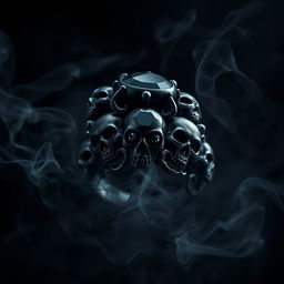 A captivating shadow demonic fantasy ring, intricately designed with detailed skulls and embellished with glimmering black gemstones that reflect the faintest light