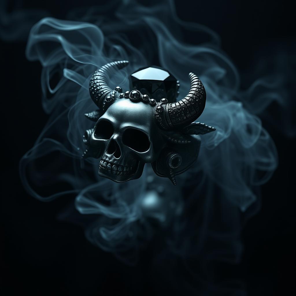 A captivating shadow demonic fantasy ring, intricately designed with detailed skulls and embellished with glimmering black gemstones that reflect the faintest light