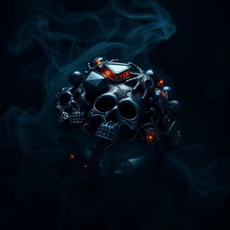 A captivating shadow demonic fantasy ring, intricately designed with detailed skulls and embellished with glimmering black gemstones that reflect the faintest light