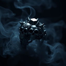 A shadow demonic fantasy magical ring, intricately designed with detailed and menacing skulls, adorned with glimmering black gemstones that shimmer in the darkness