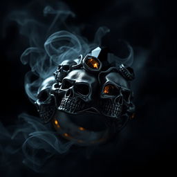 A shadow demonic fantasy magical ring, intricately designed with detailed and menacing skulls, adorned with glimmering black gemstones that shimmer in the darkness