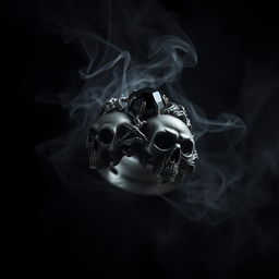 A shadow demonic fantasy magical ring, intricately designed with detailed and menacing skulls, adorned with glimmering black gemstones that shimmer in the darkness