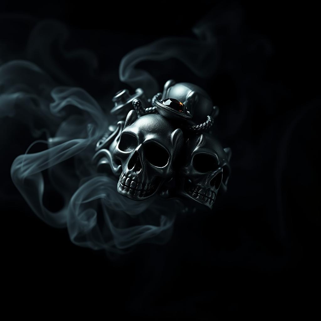A shadow demonic fantasy magical ring, intricately designed with detailed and menacing skulls, adorned with glimmering black gemstones that shimmer in the darkness