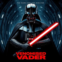A cinematic movie poster featuring a Venomised Darth Vader, standing in a dramatic and menacing pose