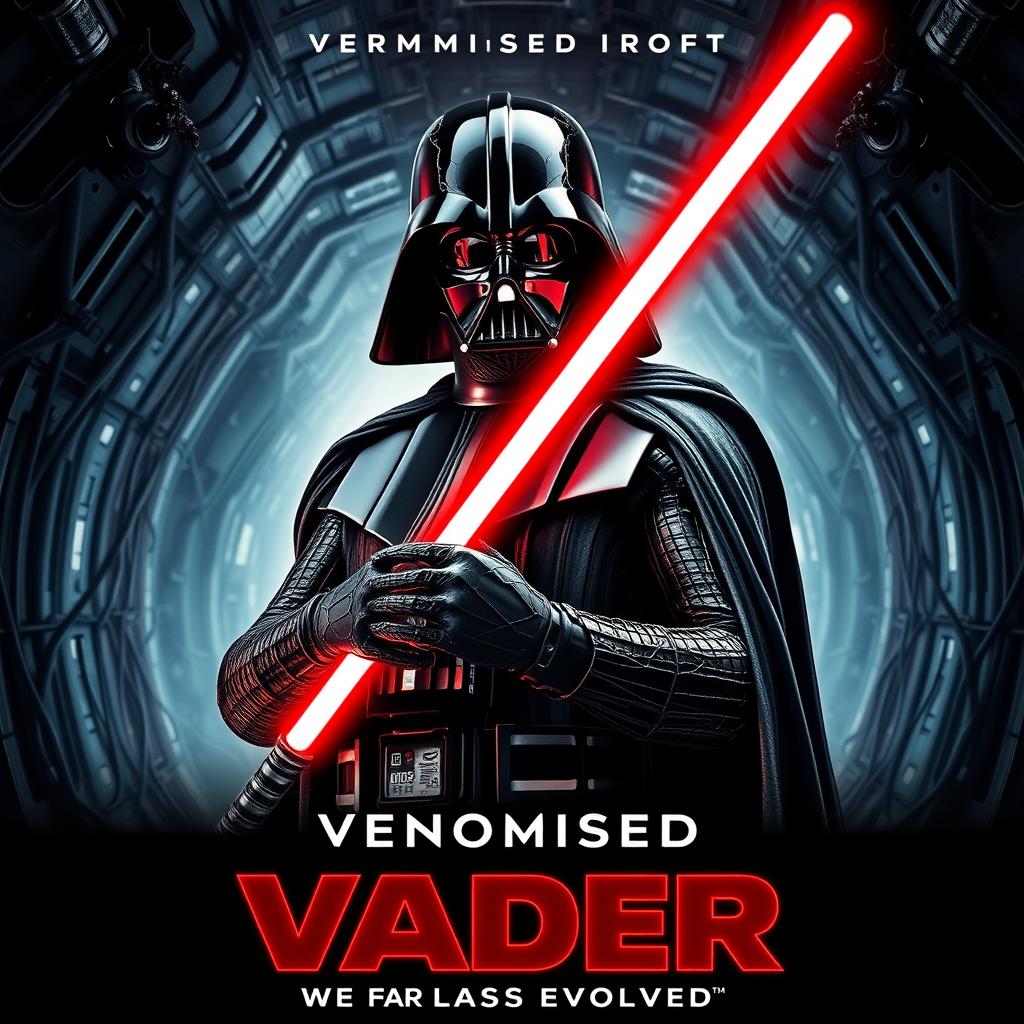 A cinematic movie poster featuring a Venomised Darth Vader, standing in a dramatic and menacing pose