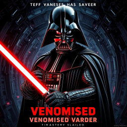 A cinematic movie poster featuring a Venomised Darth Vader, standing in a dramatic and menacing pose