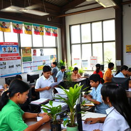 A lively scene depicting a bustling Bawaslu (Election Supervisory Agency) office in Manado, Indonesia, showcasing young interns engaging in various tasks