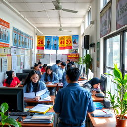 A lively scene depicting a bustling Bawaslu (Election Supervisory Agency) office in Manado, Indonesia, showcasing young interns engaging in various tasks