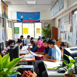 A lively scene depicting a bustling Bawaslu (Election Supervisory Agency) office in Manado, Indonesia, showcasing young interns engaging in various tasks