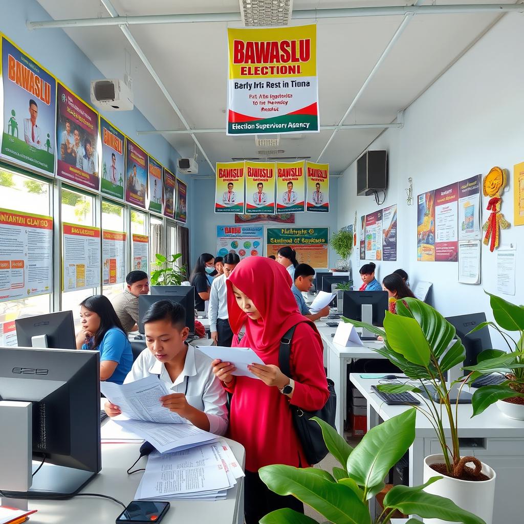 A lively scene depicting a bustling Bawaslu (Election Supervisory Agency) office in Manado, Indonesia, showcasing young interns engaging in various tasks