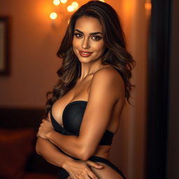 A strikingly beautiful and confident woman, elegantly posed in a seductive outfit that highlights her curves