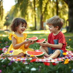 A warm and nostalgic scene of two childhood best friends enjoying a sunny day at the park