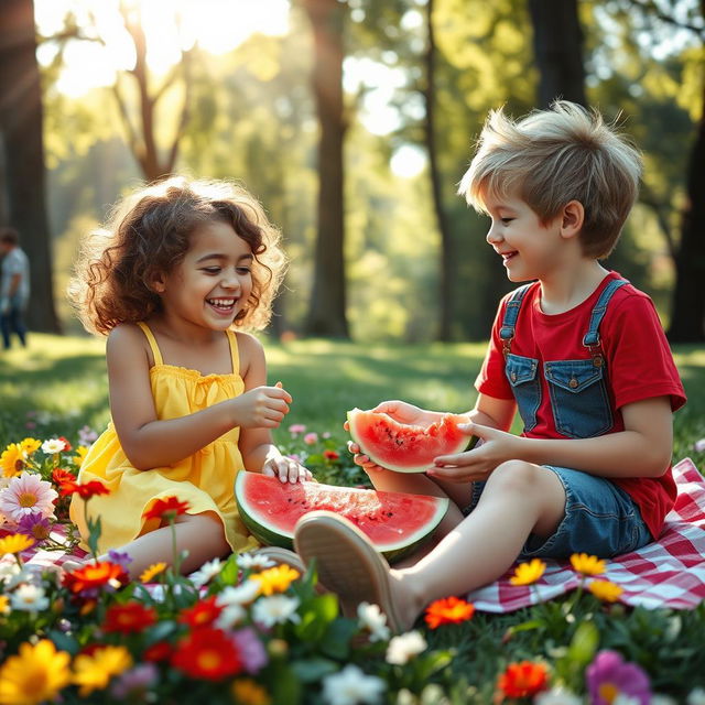 A warm and nostalgic scene of two childhood best friends enjoying a sunny day at the park