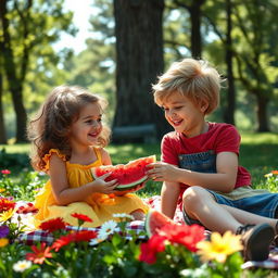 A warm and nostalgic scene of two childhood best friends enjoying a sunny day at the park