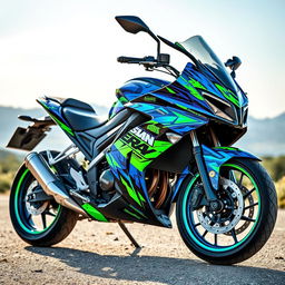 A Shineray motorcycle wrapped in a vibrant and eye-catching design, featuring bold graphics, bright colors like electric blue and neon green, with a glossy finish