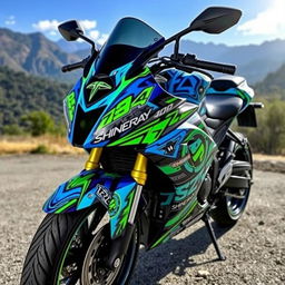 A Shineray motorcycle wrapped in a vibrant and eye-catching design, featuring bold graphics, bright colors like electric blue and neon green, with a glossy finish