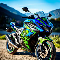 A Shineray motorcycle wrapped in a vibrant and eye-catching design, featuring bold graphics, bright colors like electric blue and neon green, with a glossy finish