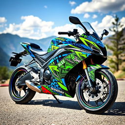 A Shineray motorcycle wrapped in a vibrant and eye-catching design, featuring bold graphics, bright colors like electric blue and neon green, with a glossy finish