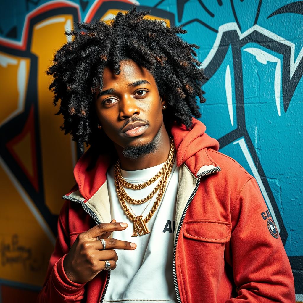 A vibrant portrait of a charismatic rapper with curly hair, confidently posing against a colorful urban mural
