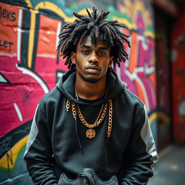 A vibrant portrait of a charismatic rapper with curly hair, confidently posing against a colorful urban mural