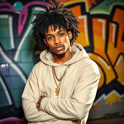 A vibrant portrait of a charismatic rapper with curly hair, confidently posing against a colorful urban mural