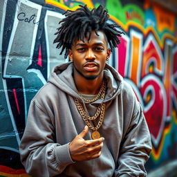 A vibrant portrait of a charismatic rapper with curly hair, confidently posing against a colorful urban mural