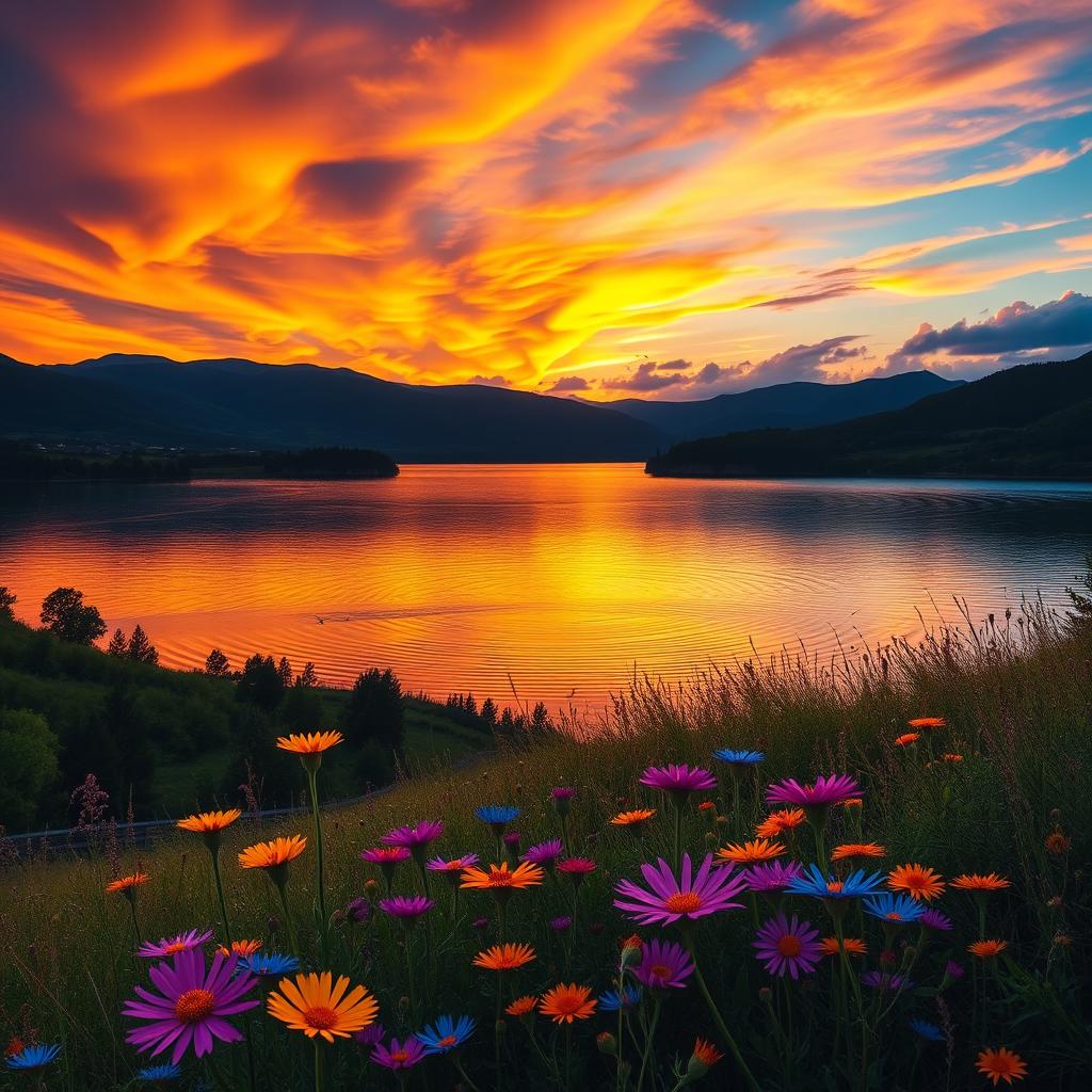 A serene landscape featuring a vibrant sunset over a calm lake, surrounded by lush green hills and silhouettes of trees