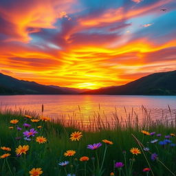 A serene landscape featuring a vibrant sunset over a calm lake, surrounded by lush green hills and silhouettes of trees